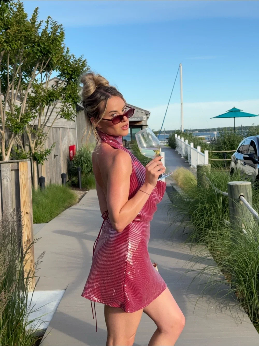 Shimmery Raspberry Halter Mini Dress - Picture 2 of 5